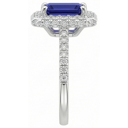 White Gold Halo Ring Emerald Ceylon Sapphire & Natural Earth Mined Diamond 4.25 Carats