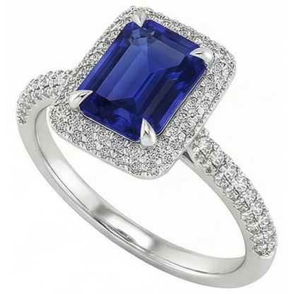 White Gold Halo Ring Emerald Sri Lankan Sapphire & Natural Earth Mined Diamond 4.50 Carats