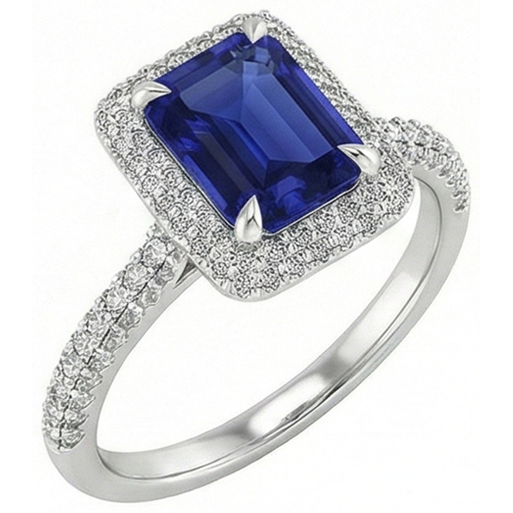 White Gold Halo Ring Emerald Sri Lankan Sapphire & Natural Earth Mined Diamond 4.50 Carats
