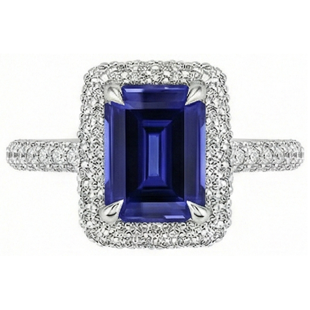 White Gold Halo Ring Emerald Sri Lankan Sapphire & Natural Earth Mined Diamond 4.50 Carats