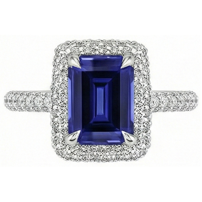 White Gold Halo Ring Emerald Sri Lankan Sapphire & Natural Earth Mined Diamond 4.50 Carats