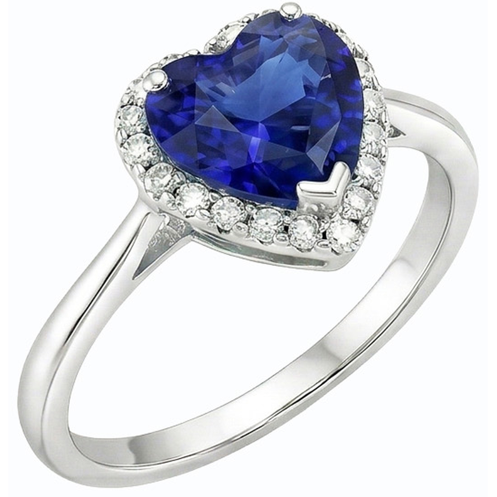 White Gold Halo Ring Heart Blue Sapphire & Natural Earth Mined Diamonds 3 Carats Jewelry