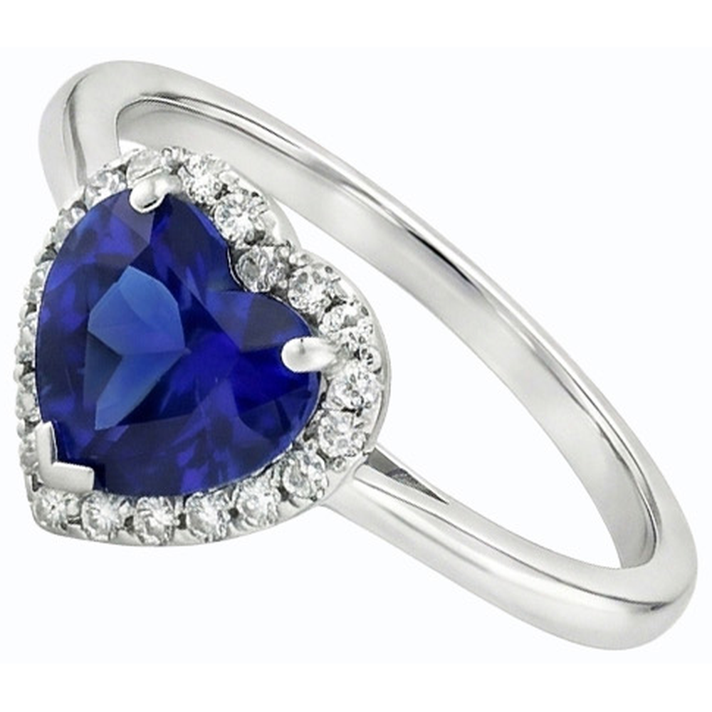 White Gold Halo Ring Heart Blue Sapphire & Natural Earth Mined Diamonds 3 Carats Jewelry