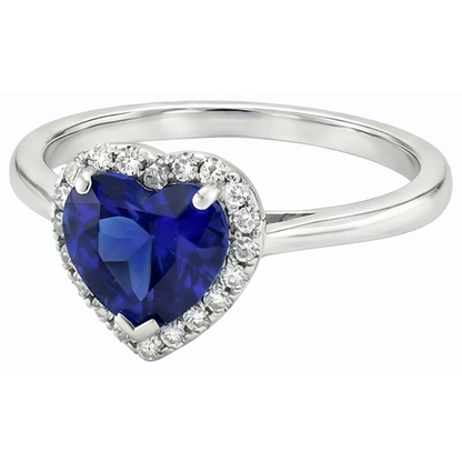 White Gold Halo Ring Heart Blue Sapphire & Natural Earth Mined Diamonds 3 Carats Jewelry