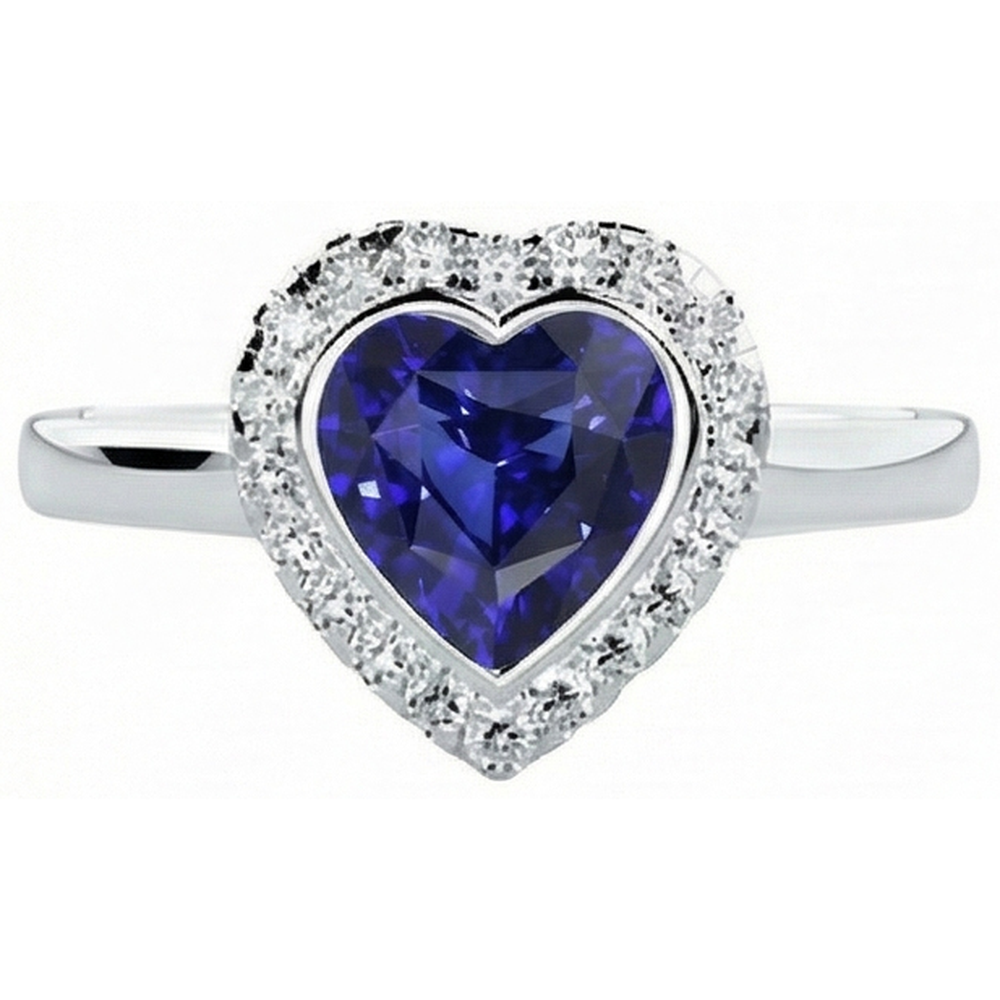 Natural Real ( Not Lab Grown )  White Gold Halo Ring Heart Deep Blue Sapphire Jewelry 4 Carats