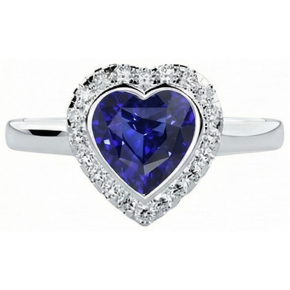 Natural Real ( Not Lab Grown )  White Gold Halo Ring Heart Deep Blue Sapphire Jewelry 4 Carats
