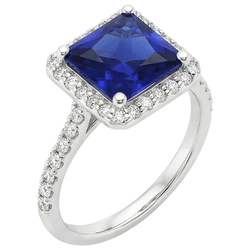 White Gold Halo Ring Princess Sri Lankan Sapphire & Natural Earth Mined Diamonds 6 Carats