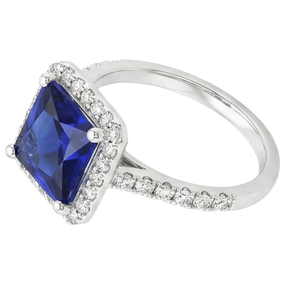 White Gold Halo Ring Princess Sri Lankan Sapphire & Natural Earth Mined Diamonds 6 Carats