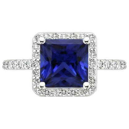 White Gold Halo Ring Princess Sri Lankan Sapphire & Natural Earth Mined Diamonds 6 Carats