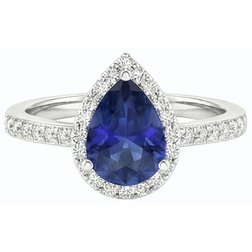 White Gold Halo Wedding Ring Jewelry Blue Sapphire & Natural Earth Mined Diamonds 3 Carats