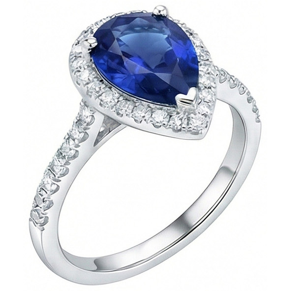 White Gold Jewelry 3.25 Carats Pear Natural Earth Mined Diamond And Sapphire Ring
