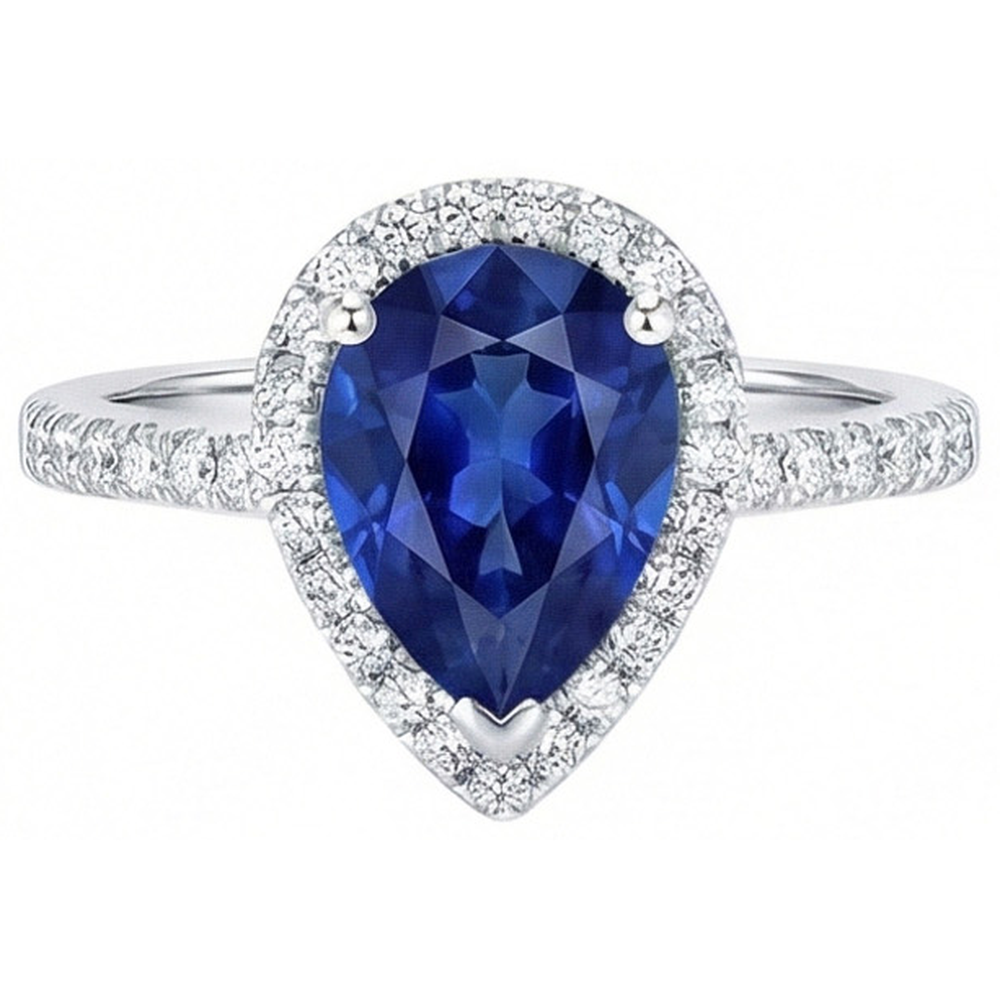 White Gold Jewelry 3.25 Carats Pear Natural Earth Mined Diamond And Sapphire Ring