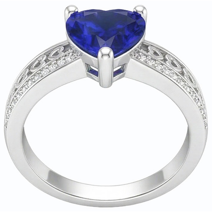 White Gold Natural Earth Mined Diamond Heart Shaped Deep Blue Sapphire Ring 2 Carats