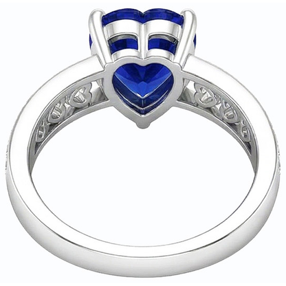 White Gold Natural Earth Mined Diamond Heart Shaped Deep Blue Sapphire Ring 2 Carats