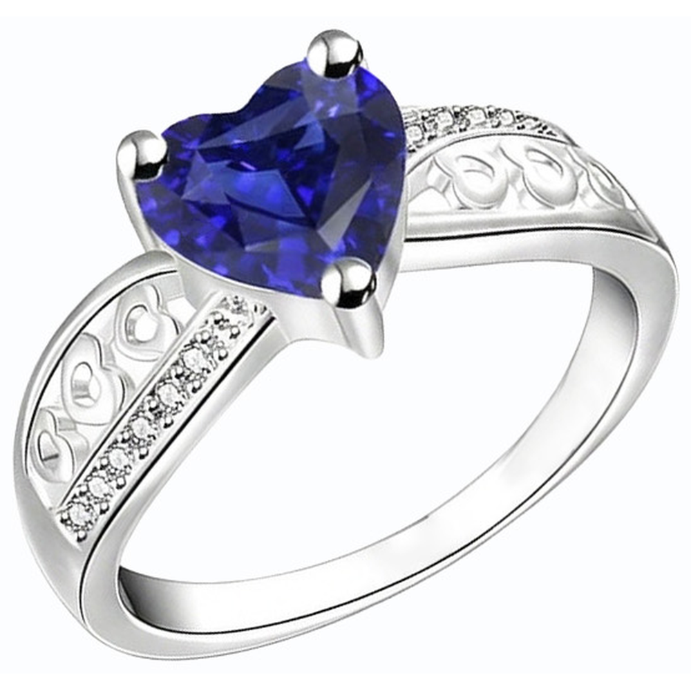 White Gold Natural Earth Mined Diamond Heart Shaped Deep Blue Sapphire Ring 2 Carats