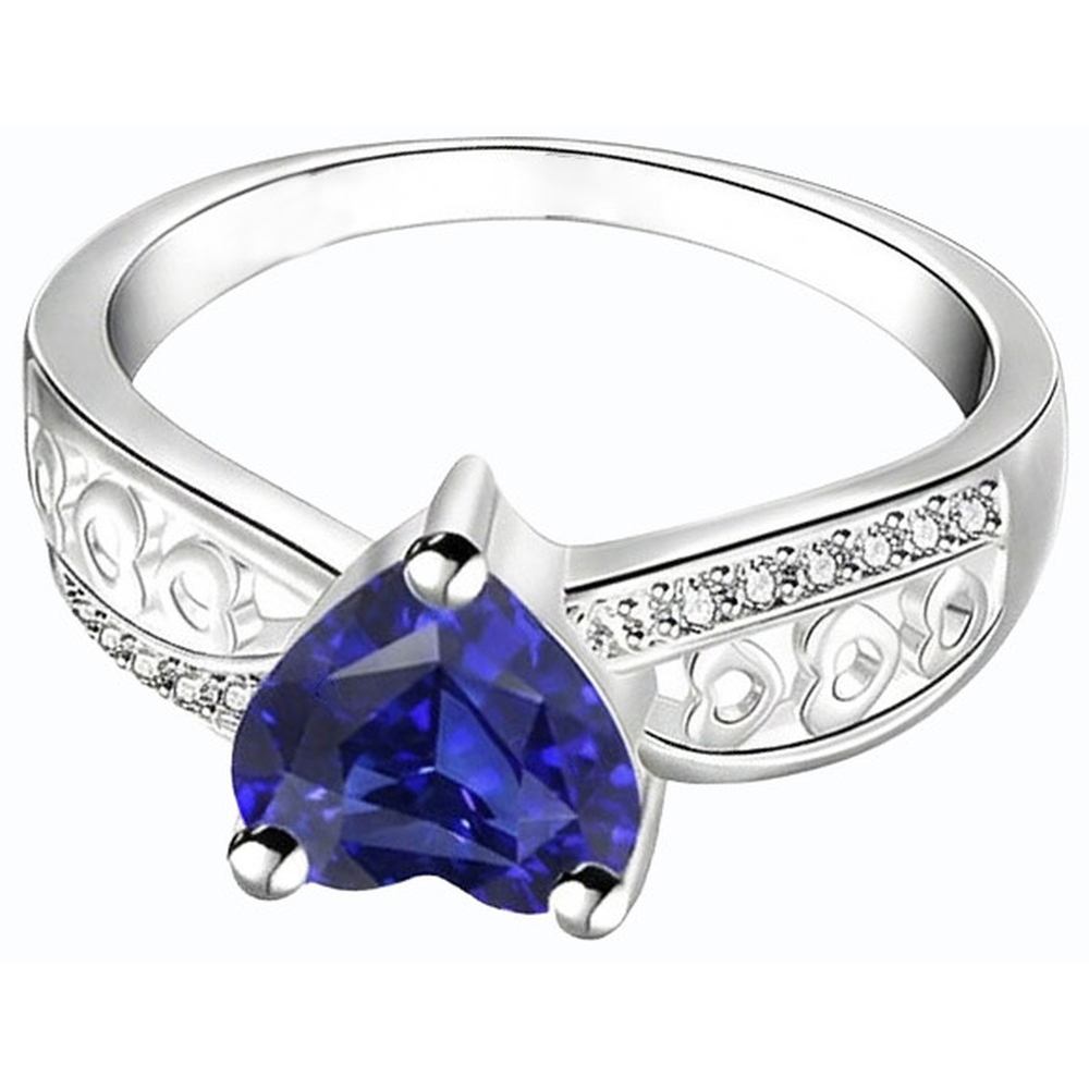 White Gold Natural Earth Mined Diamond Heart Shaped Deep Blue Sapphire Ring 2 Carats