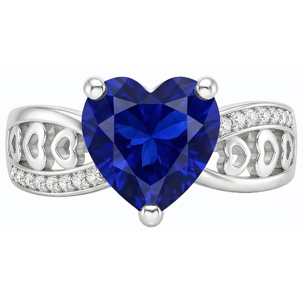 White Gold Natural Earth Mined Diamond Heart Shaped Deep Blue Sapphire Ring 2 Carats