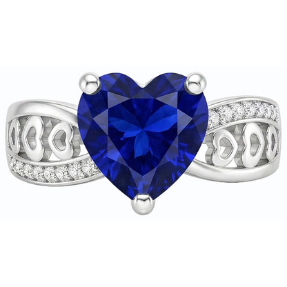 White Gold Natural Earth Mined Diamond Heart Shaped Deep Blue Sapphire Ring 2 Carats