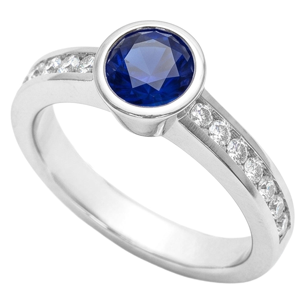 White Gold Natural Earth Mined Diamond Ring 2 Carat Round Bezel Set Blue Sapphire Gemstone