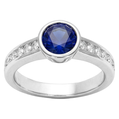 White Gold Natural Earth Mined Diamond Ring 2 Carat Round Bezel Set Blue Sapphire Gemstone