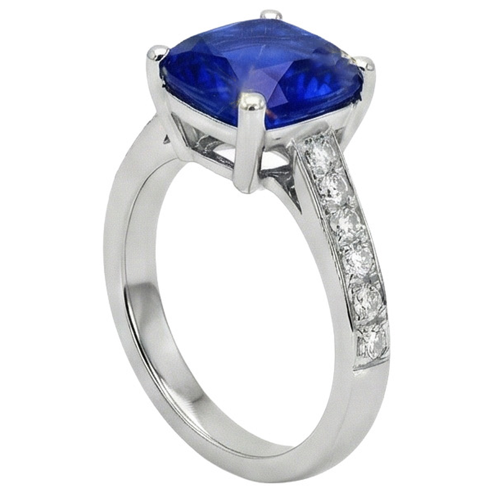 White Gold Natural Earth Mined Diamond Ring Cushion Ceylon Sapphire Accented 6 Carats