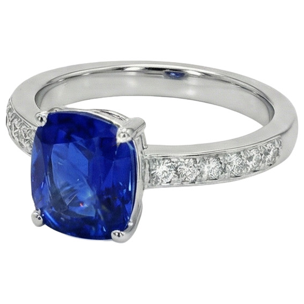 White Gold Natural Earth Mined Diamond Ring Cushion Ceylon Sapphire Accented 6 Carats
