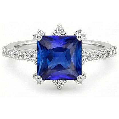 White Gold Natural Earth Mined Diamond Ring Halo Ceylon Sapphire With Accents 6.25 Carats