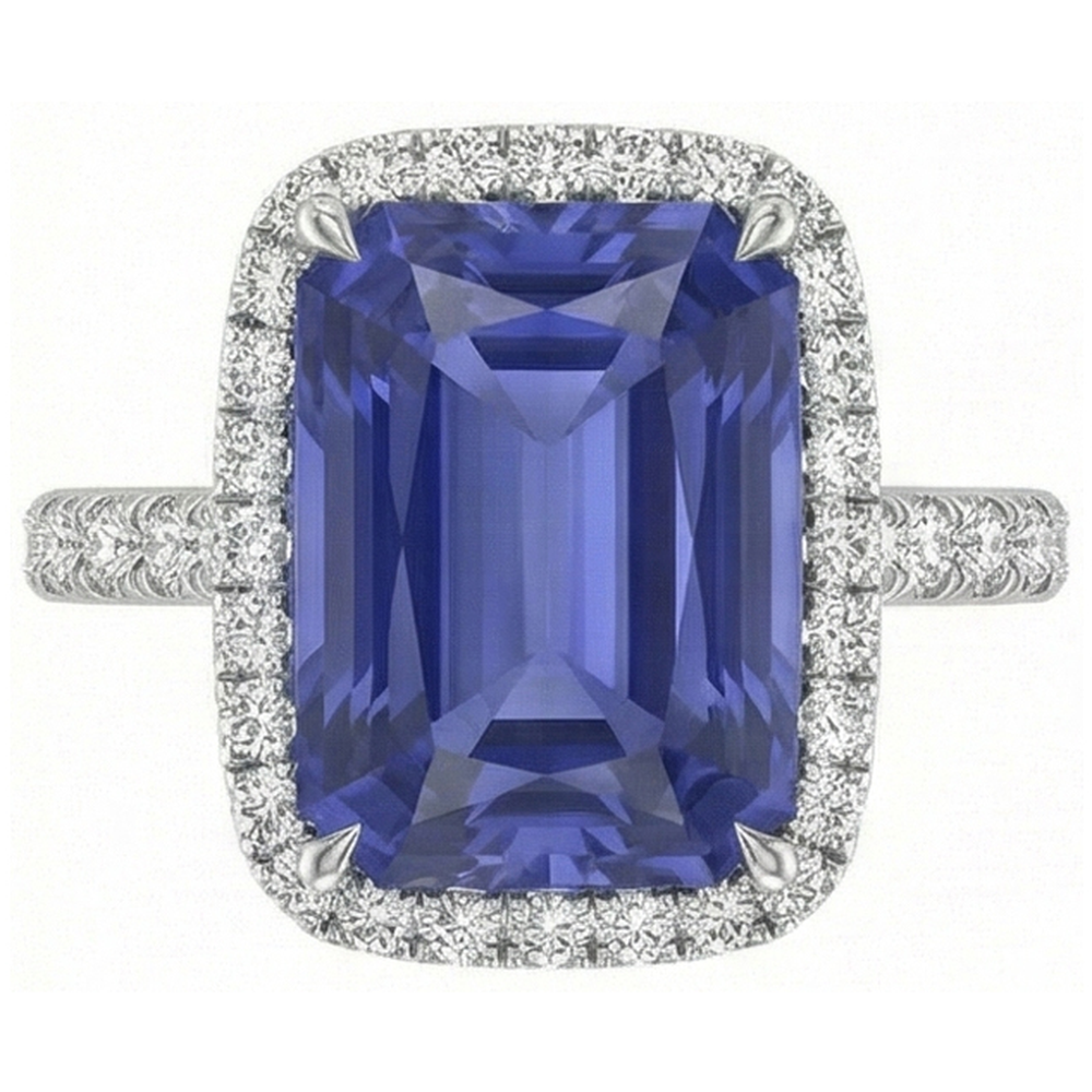White Gold Natural Earth Mined Diamond Ring Women's Halo Radiant Cut Sapphire 4 Carats