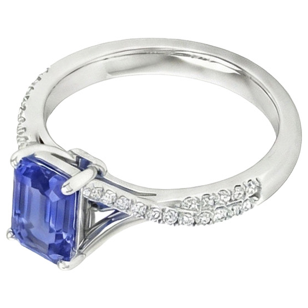 White Gold Natural Earth Mined Diamond & Emerald Cut Sri Lankan Sapphire Ring 5.25 Carats