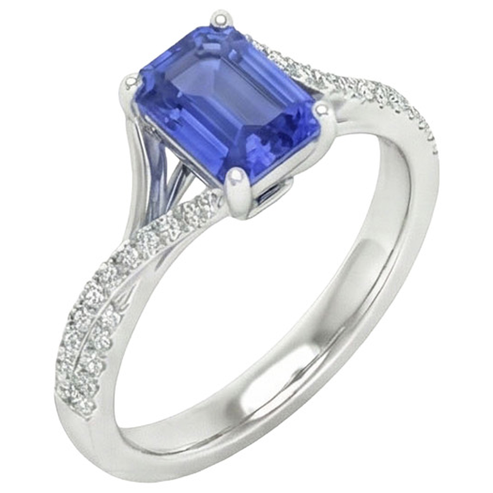 White Gold Natural Earth Mined Diamond & Emerald Cut Sri Lankan Sapphire Ring 5.25 Carats