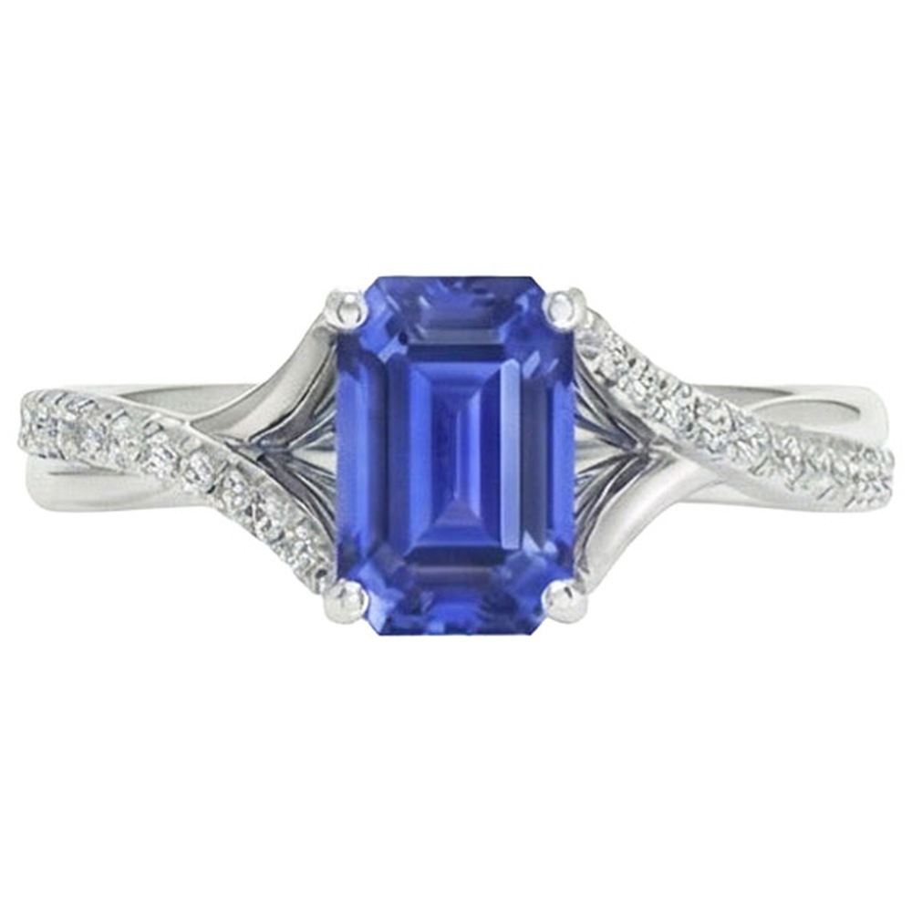 White Gold Natural Earth Mined Diamond & Emerald Cut Sri Lankan Sapphire Ring 5.25 Carats
