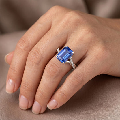 White Gold Natural Earth Mined Diamond & Emerald Cut Sri Lankan Sapphire Ring 5.25 Carats
