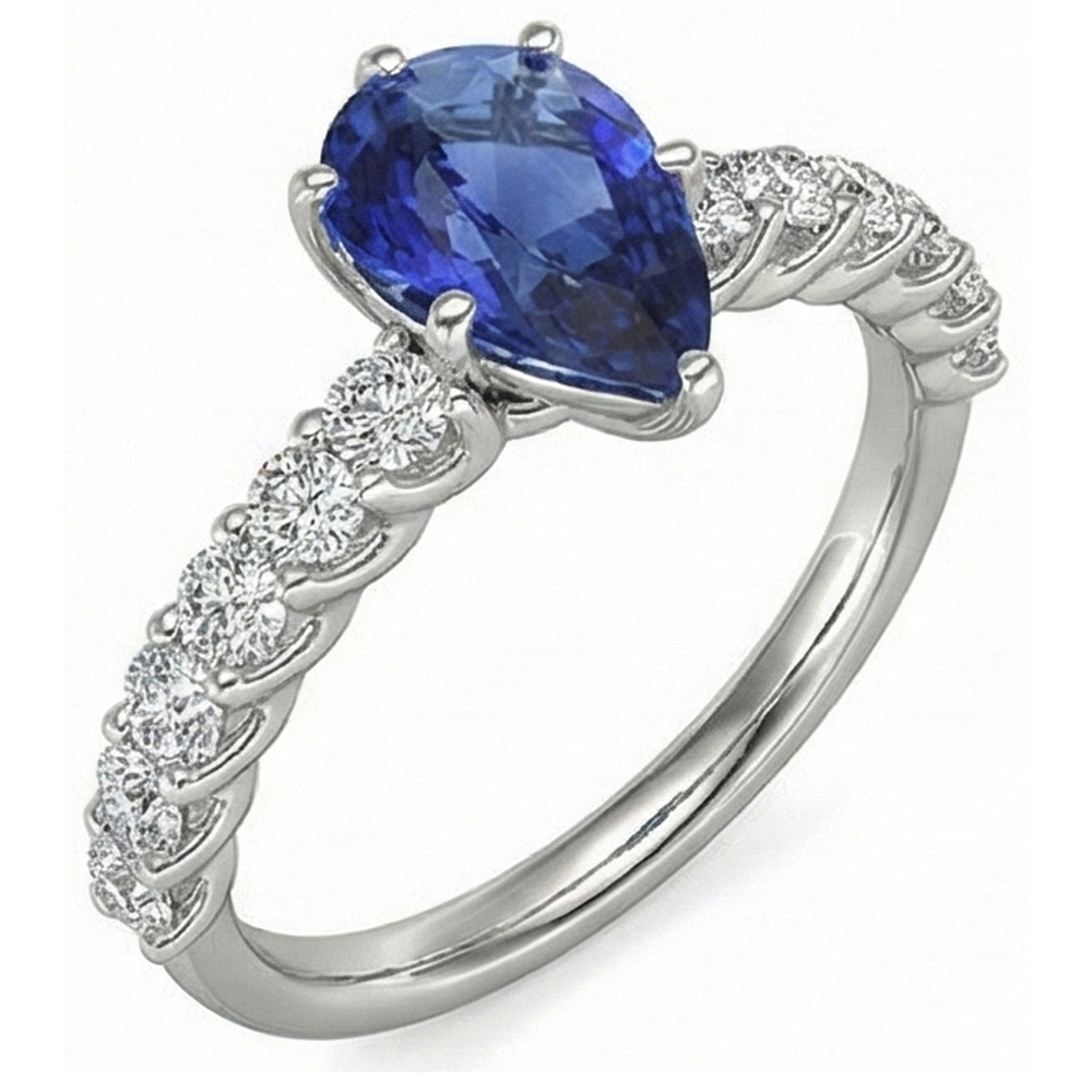 Natural Real ( Not Lab Grown )  White Gold Pear Blue Sapphire With Accents Ring 3.50 Women's Jewelry