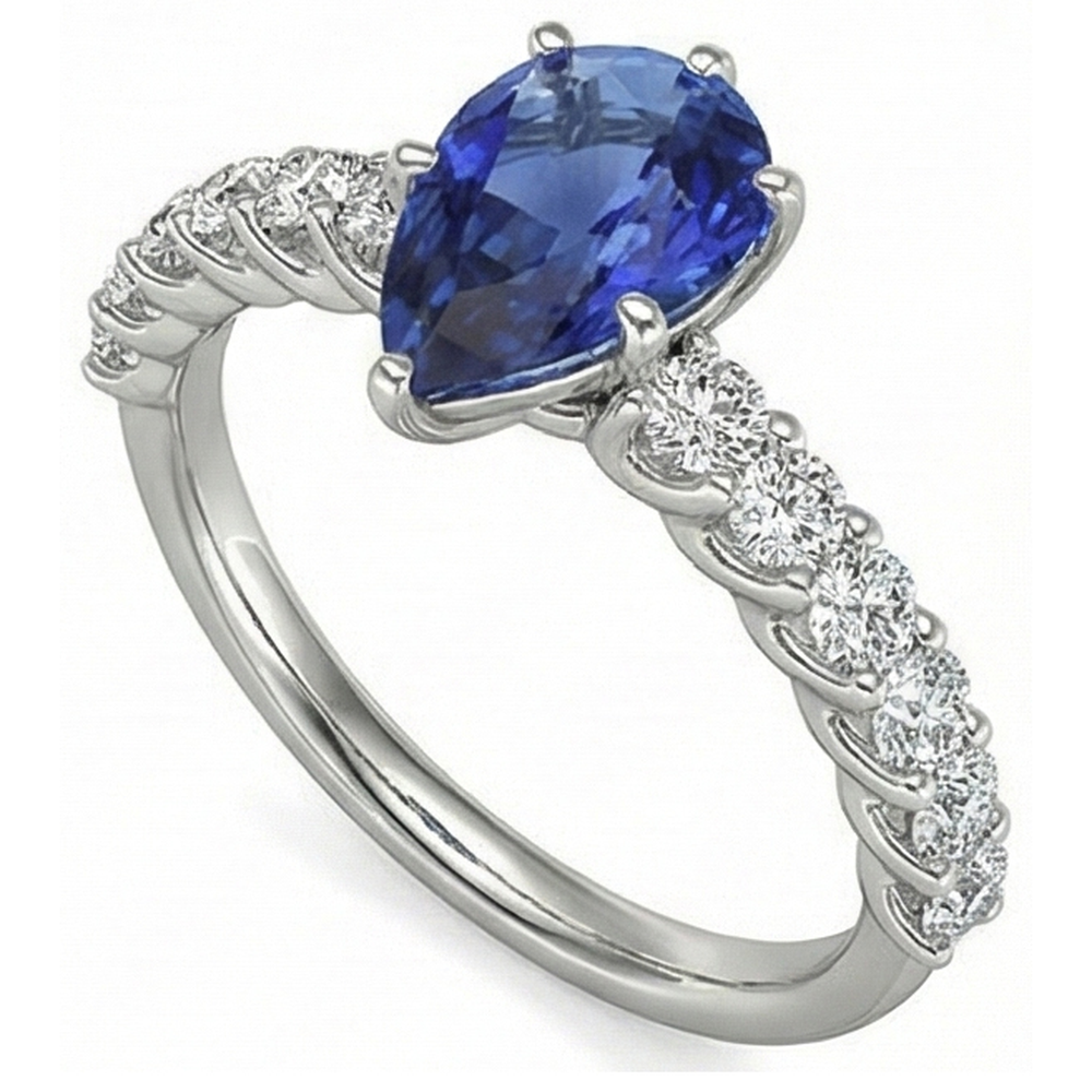 Natural Real ( Not Lab Grown )  White Gold Pear Blue Sapphire With Accents Ring 3.50 Women's Jewelry