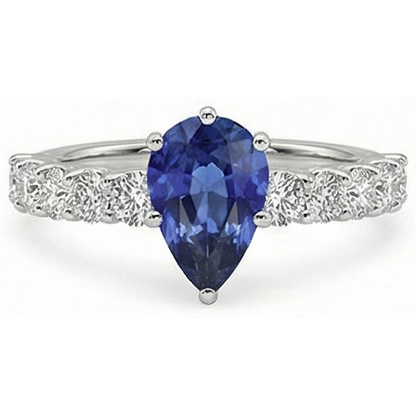 Natural Real ( Not Lab Grown )  White Gold Pear Blue Sapphire With Accents Ring 3.50 Women's Jewelry