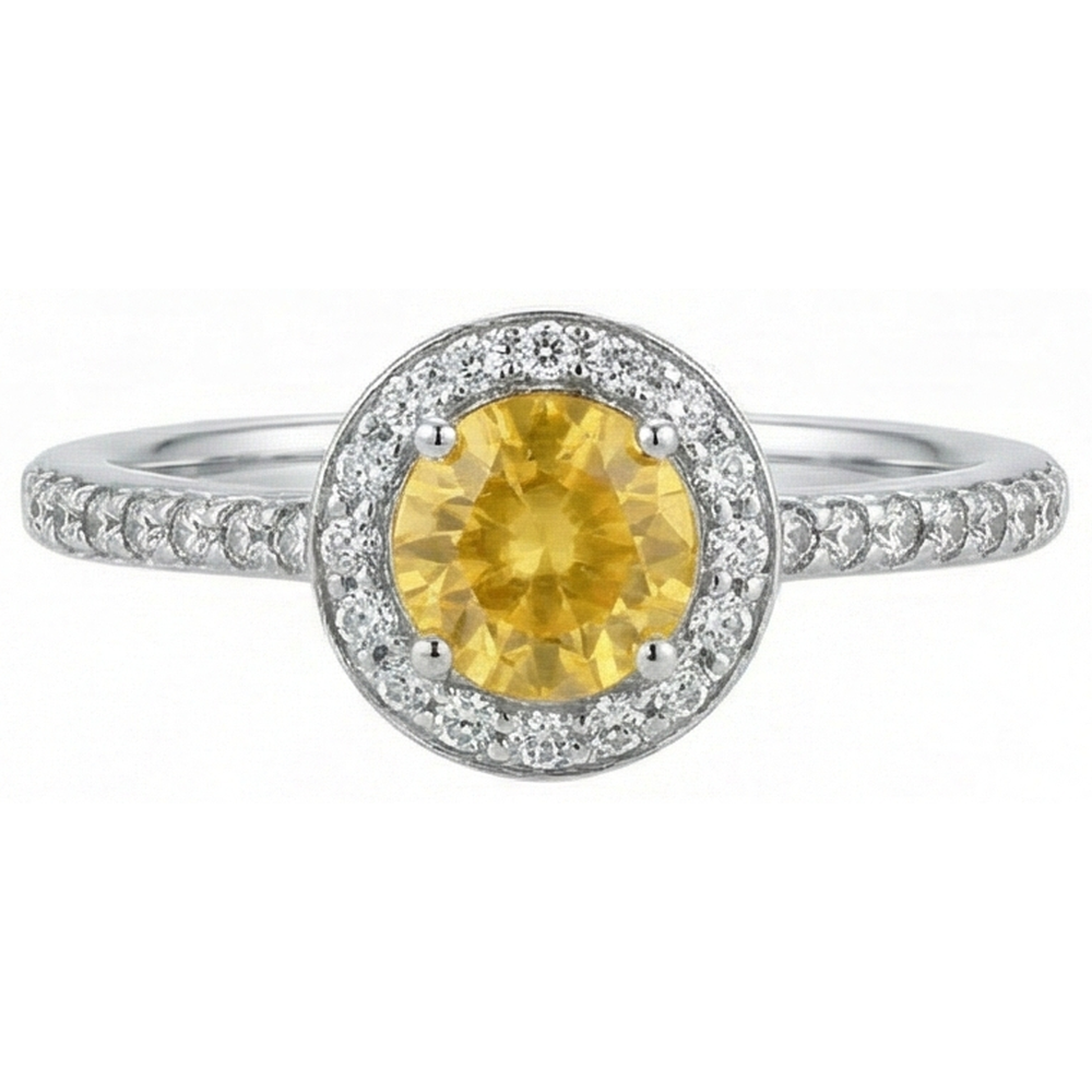 White Gold Round Yellow Sapphire And Natural Earth Mined Diamonds Halo Ring 4.50 Carats