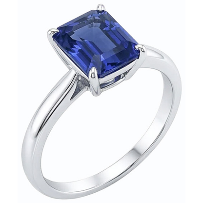 White Gold Solitaire Emerald Natural Blue Sapphire Ring 2 Carats