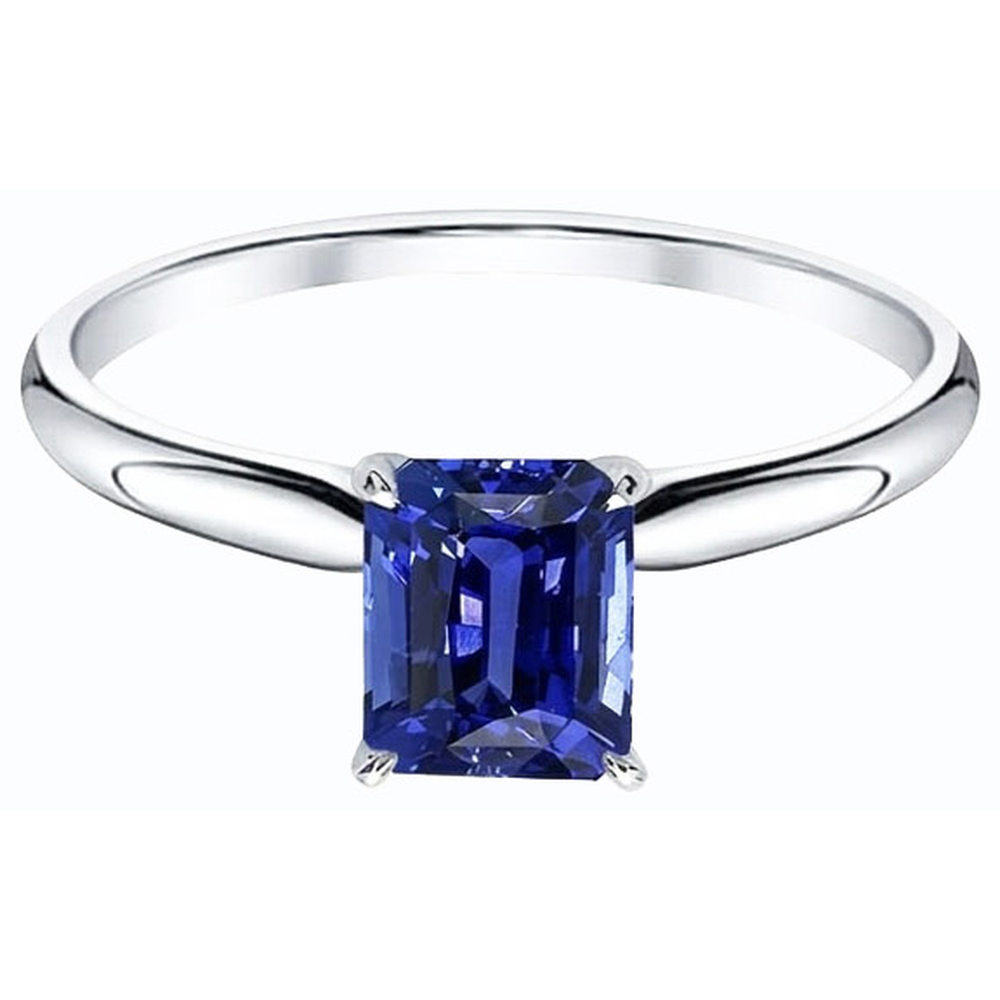 White Gold Solitaire Emerald Natural Blue Sapphire Ring 2 Carats