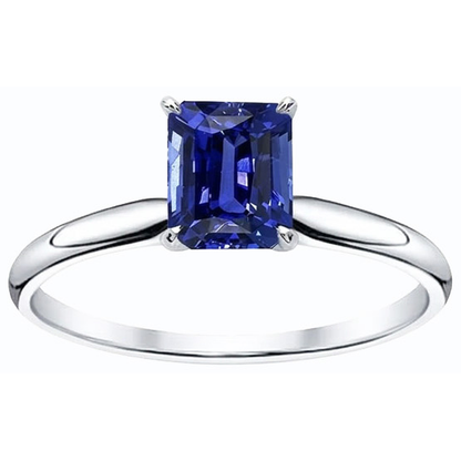 White Gold Solitaire Emerald Natural Blue Sapphire Ring 2 Carats