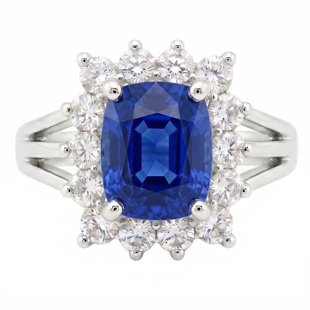 White Gold Sri Lanka Sapphire Cushion Natural Earth Mined Diamonds Ring 6 Ct