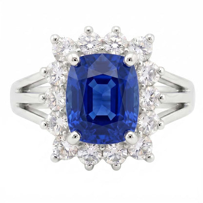 White Gold Sri Lanka Sapphire Cushion Natural Earth Mined Diamonds Ring 6 Ct