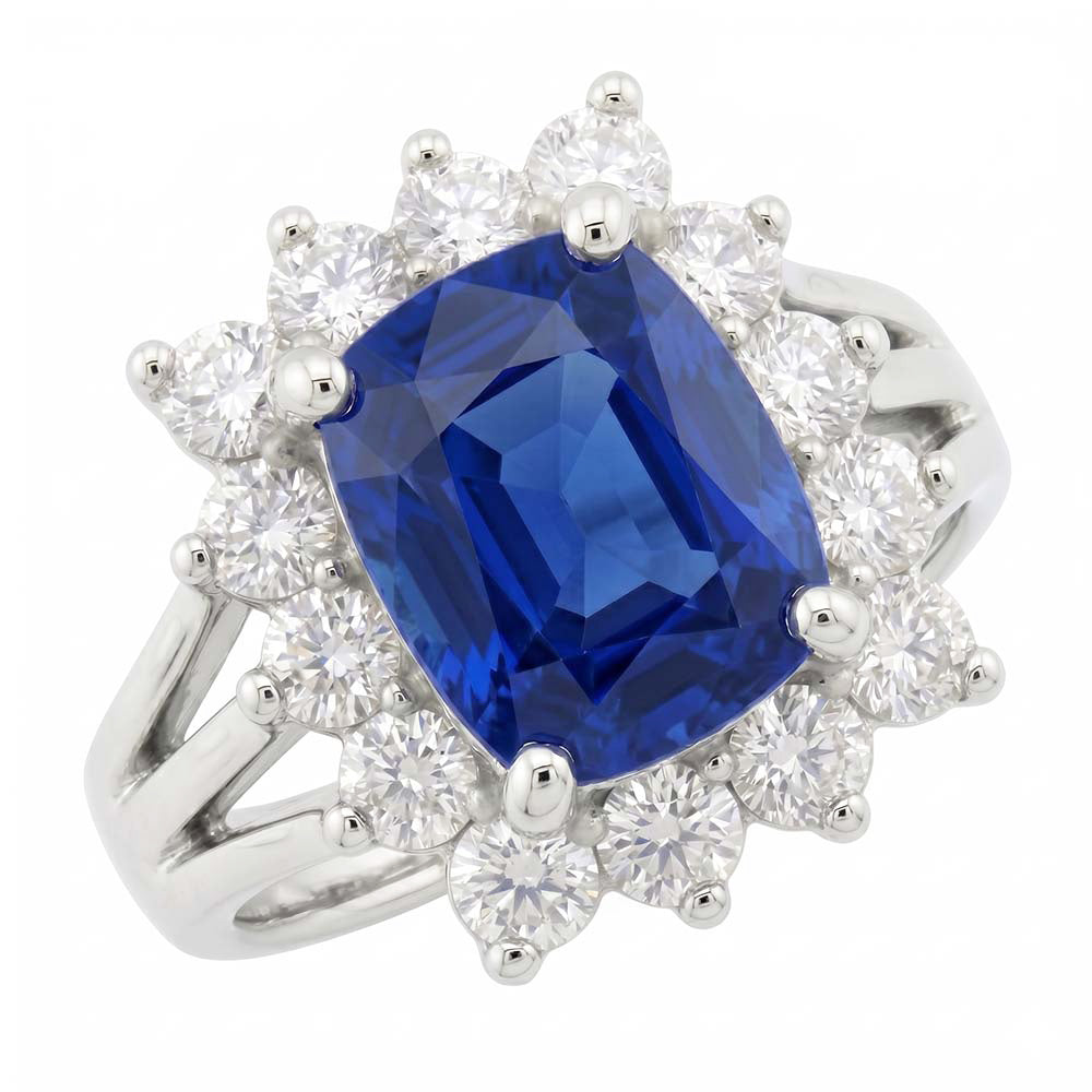 White Gold Sri Lanka Sapphire Cushion Natural Earth Mined Diamonds Ring 6 Ct