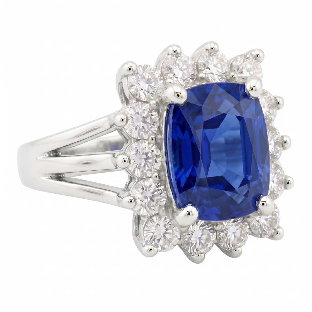 White Gold Sri Lanka Sapphire Cushion Natural Earth Mined Diamonds Ring 6 Ct