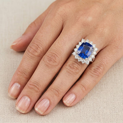 White Gold Sri Lanka Sapphire Cushion Natural Earth Mined Diamonds Ring 6 Ct
