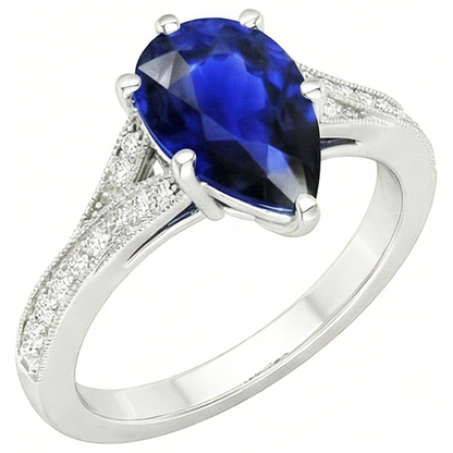 White Gold Sri Lankan Sapphire Ring Pear & Round Natural Earth Mined Diamonds 4 Carats