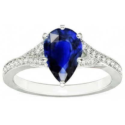 White Gold Sri Lankan Sapphire Ring Pear & Round Natural Earth Mined Diamonds 4 Carats