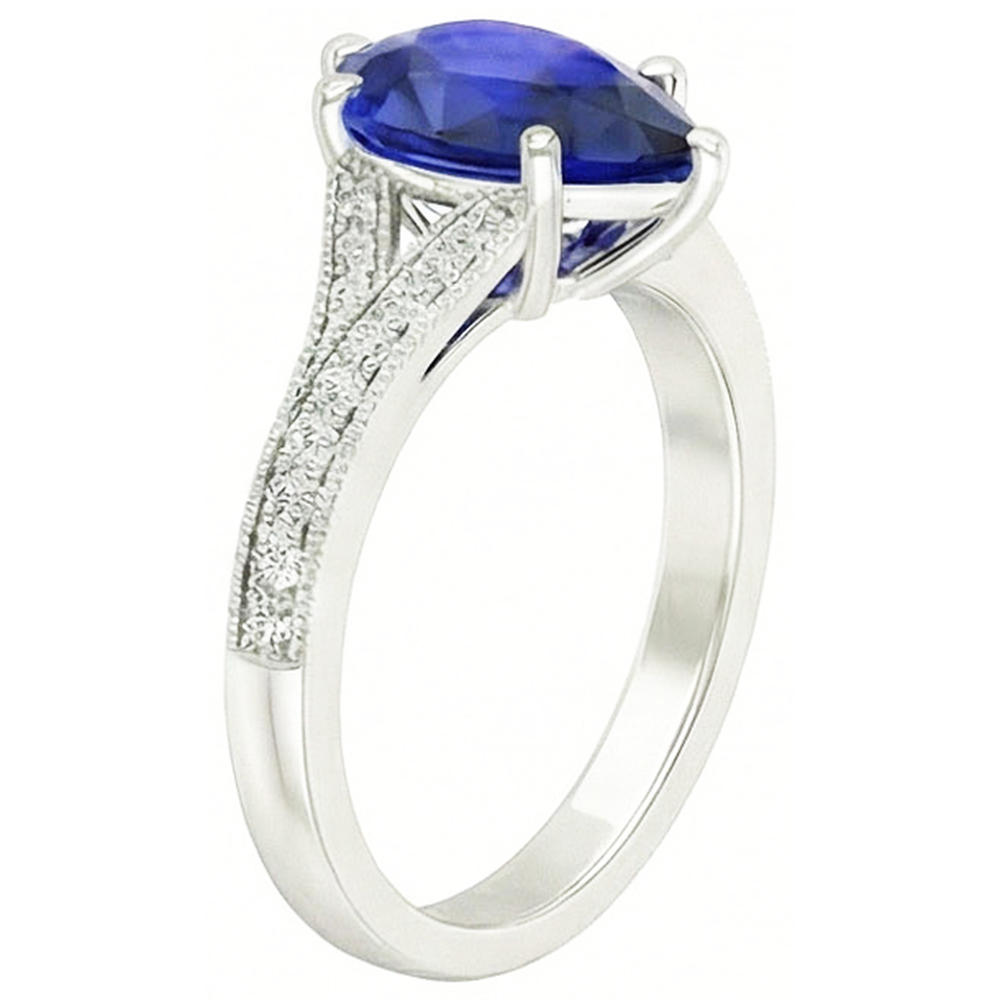 White Gold Sri Lankan Sapphire Ring Pear & Round Natural Earth Mined Diamonds 4 Carats