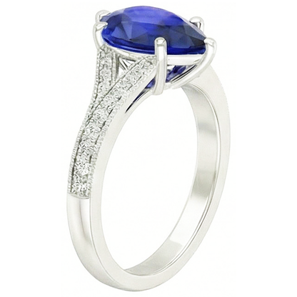White Gold Sri Lankan Sapphire Ring Pear & Round Natural Earth Mined Diamonds 4 Carats