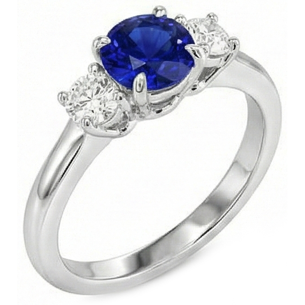 White Gold Three Stone Ceylon Sapphire Ring & Round Natural Earth Mined Diamonds 2 Carats