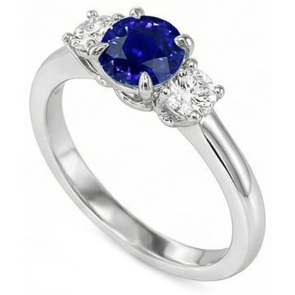 White Gold Three Stone Ceylon Sapphire Ring & Round Natural Earth Mined Diamonds 2 Carats